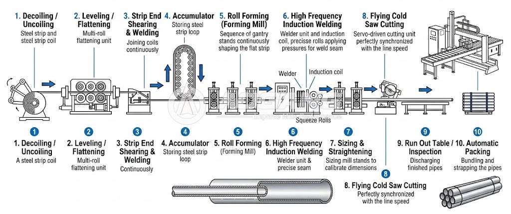 ERW steel pipe manufacturing process flowchart and production line equipment layout by Aogang Machinery