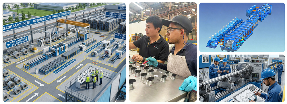 Tube mill production line arrangement for steel pipe manufacturing plant
